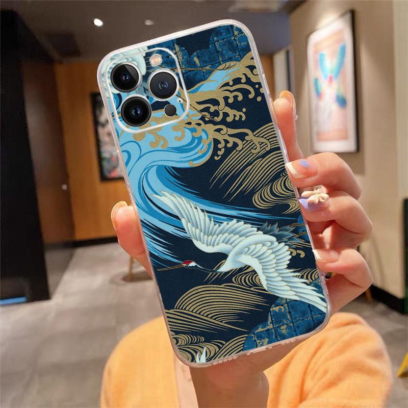 Phone Case For iphone 17 Air 17 Pro Max 16 15 14 13 Pro Max 15 16 Pro 15Plus Wave Art Japanese Green Illust