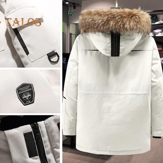 Pánská péřová bunda s mnoha kapsami Trim s kapucí z umělé kožešiny Dlouhý rukáv Větruodolný design Venkovní kabát Krycí léga na zip Cargo péřový kabát
