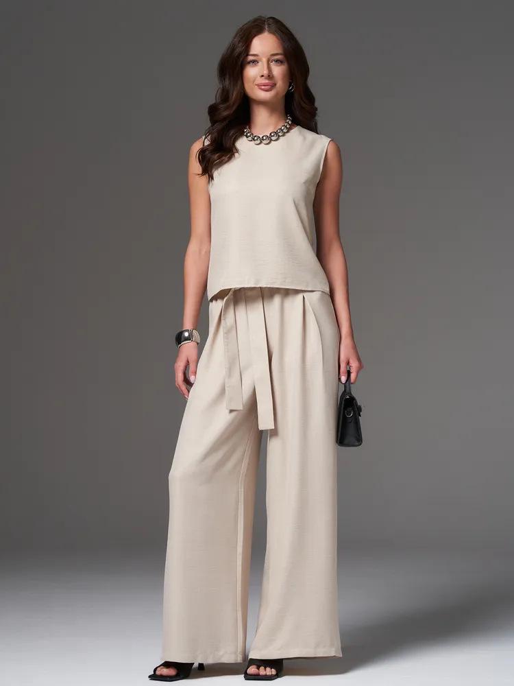 2026 Russian Women's Spring/Summer Sleeveless Solid Color Wide-Leg Pants 2-Piece Set
