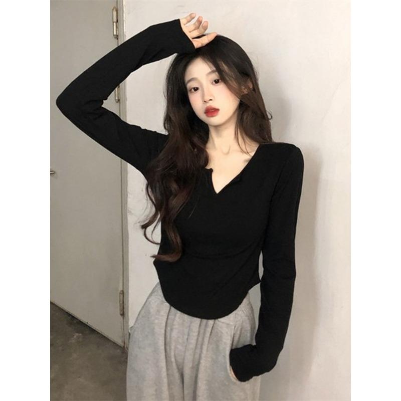 

Женская футболка с V-образным вырезом, белая, с длинным рукавом, базовая, дизайн интерьера, осенняя одежда, нишевая, уникальная и особенная, маленький топ, заправленная в талию XXL чёрный