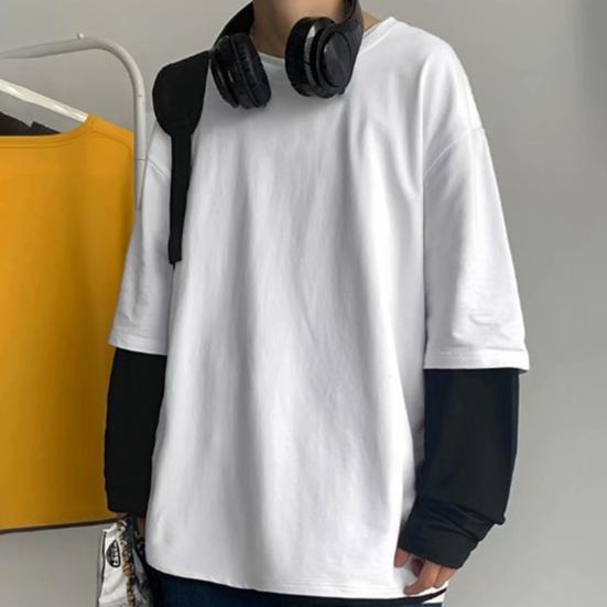 Men T-shirt Fake Two Pieces Long Sleeves O Neck Contrast Color Sweatshirt Warm Casual Plus Size Soft Hip Hop Men Top for School