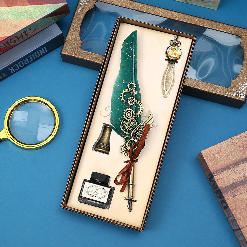 Vintage Feather Pen Mechanical Gear Feather Pen Steam Dip Pen Gift Box Teachers' Day Student Gifts
