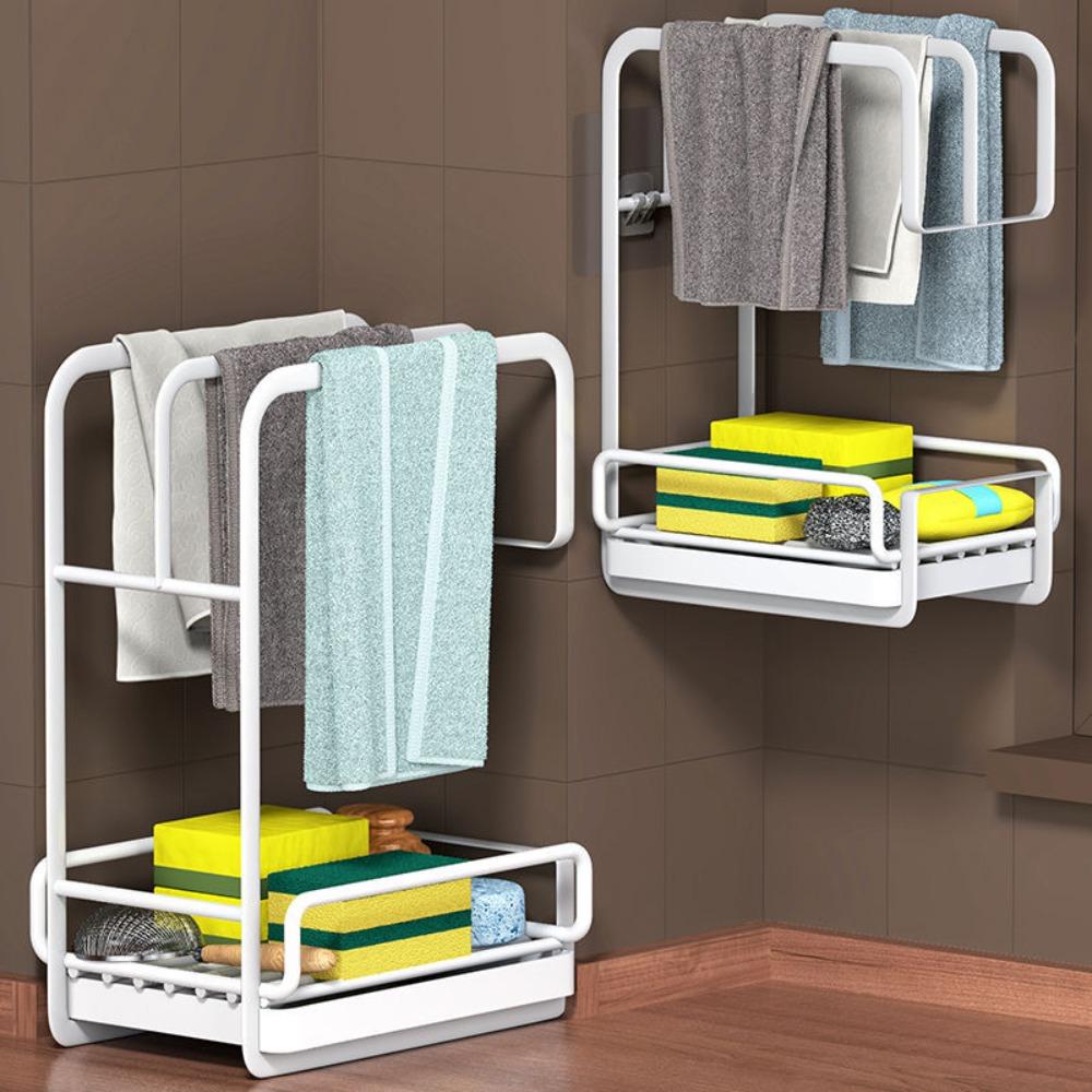 With Drain Tray Kitchen Storage Rack Free Punching Sponge Holder Kitchen Drain Rag Rack  Bathroom