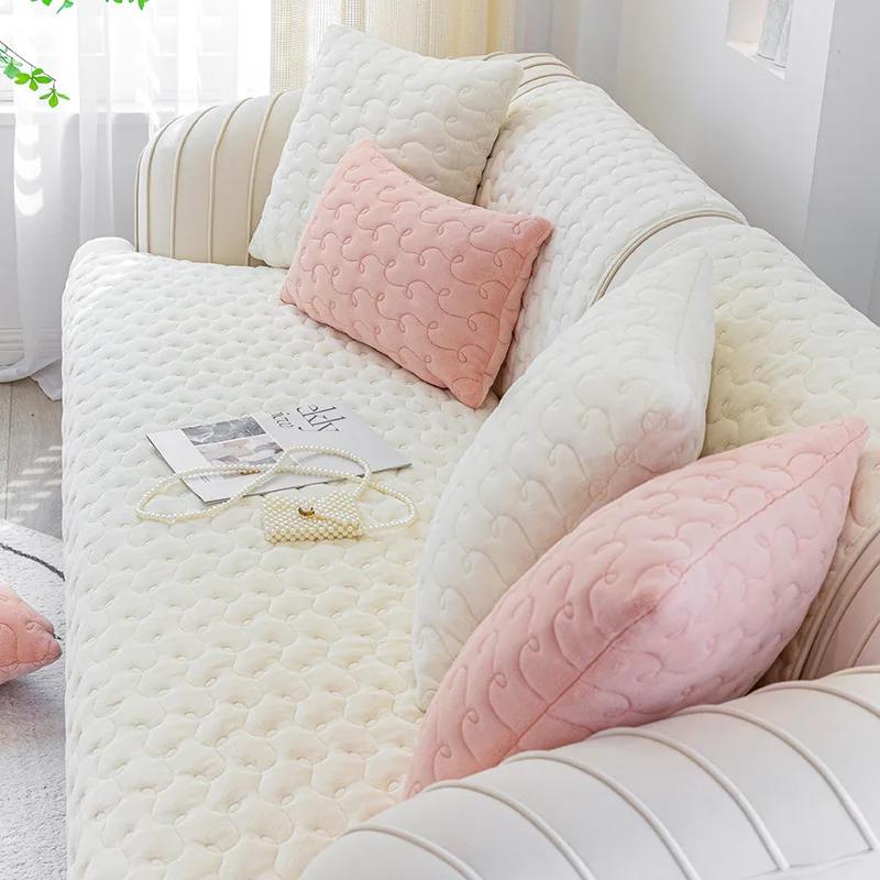 New Cream Style Sofa Cushion Four Seasons Universal Living Room Anti Slip Seat Cushion Winter Short Plush Backrest Cover