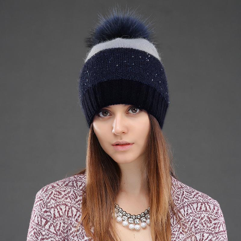Women Hat Winter Sequins Knitted Rabbit Fur Beanies Fashion Warm Casual Hats with Natural Raccoon Fur Pompom Cap Female