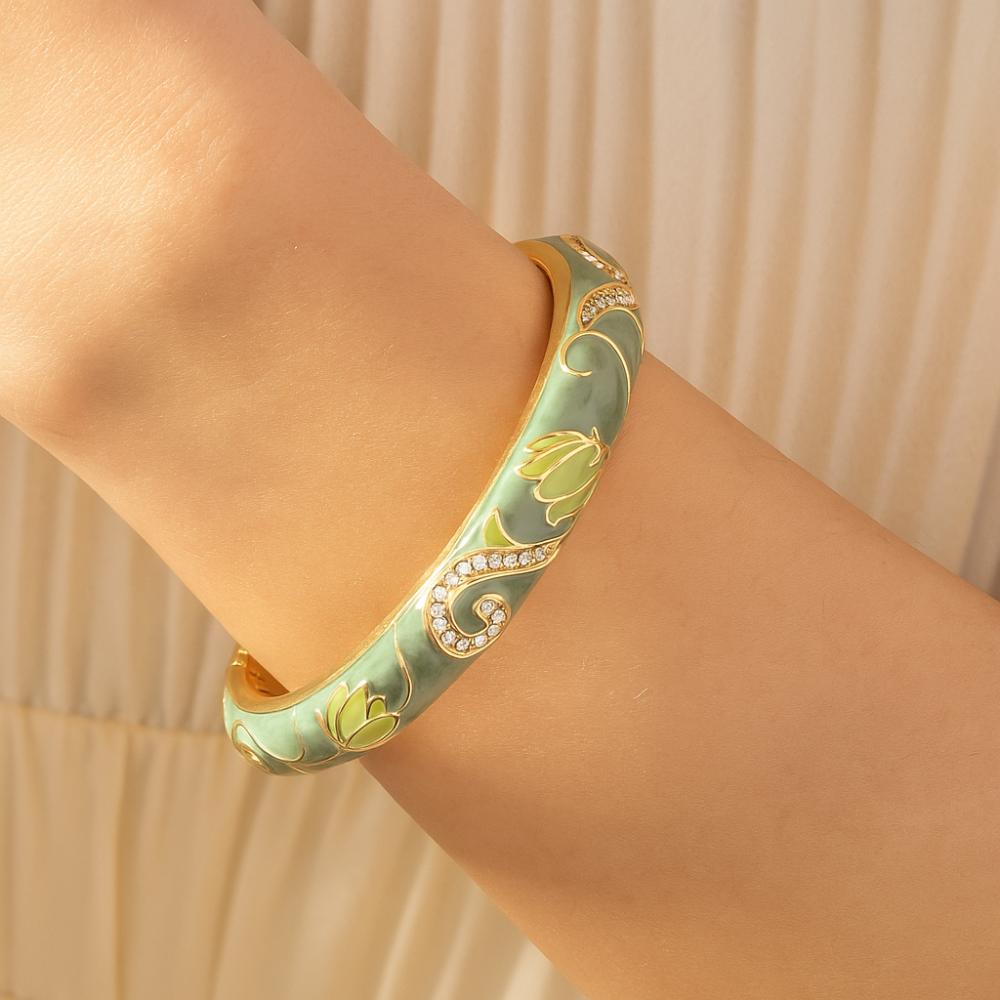 Enamel Chinese Cloisonne Bracelet Traditional Cheongsam Bracelet Lotus Flower Bangle  Daily