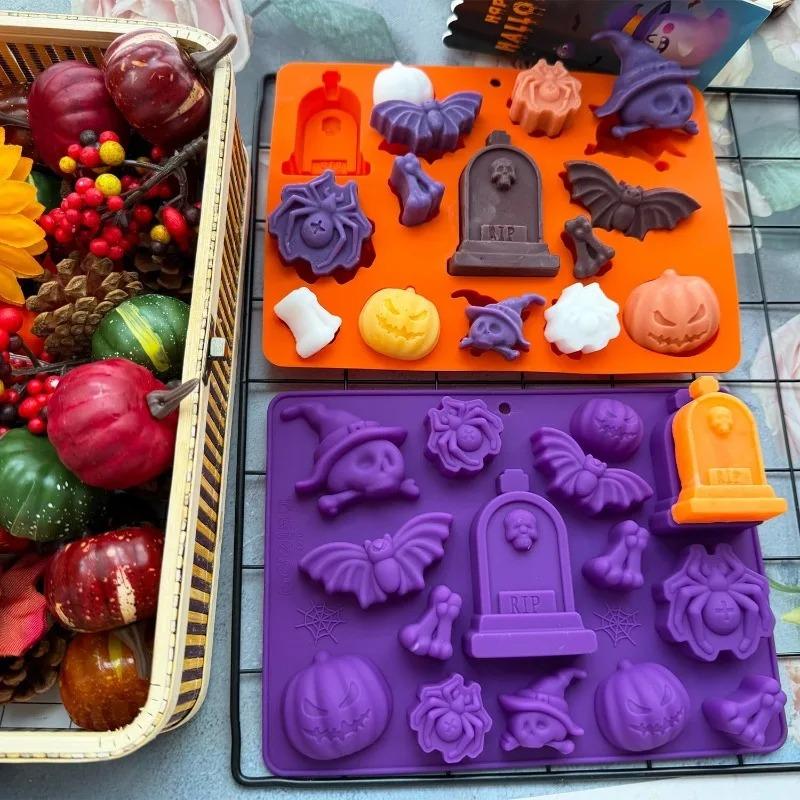 Halloween Silicone Baking Mold Set for Ghost Bat Spider Skull Chocolate Candy Gummy DIY Fondant Mousse Crafts