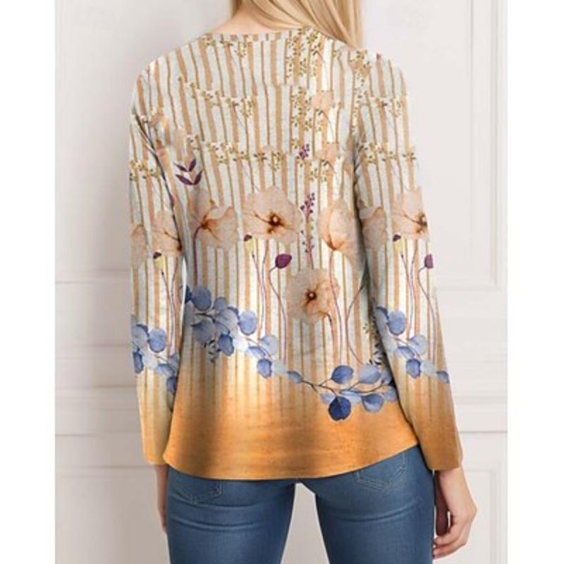 Dame T-skjorte Tee Trykk Daglig Casual Langermet Rund hals Marineblå Vår Høst