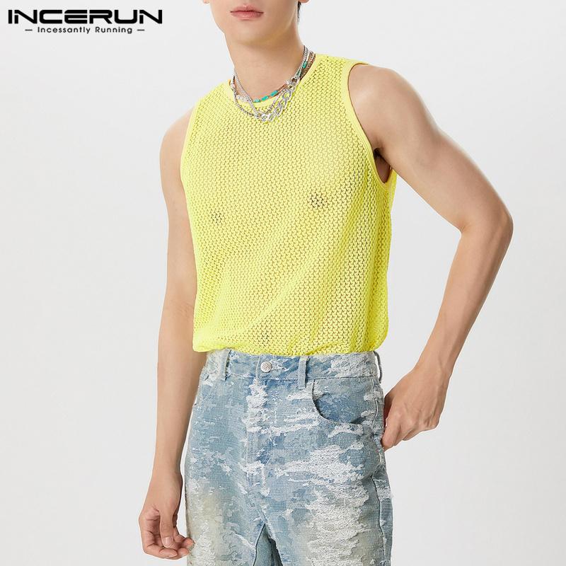 INCERUN Men Sleeveless Hollow Out Webbing Beach Party Fishnet Tank Tops