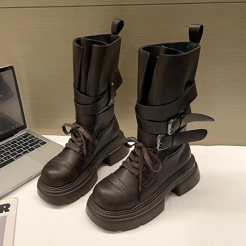 British style thick-soled thick-heeled Martin boots women's summer design sense increases leather boots versatile soft-soled short boots tide