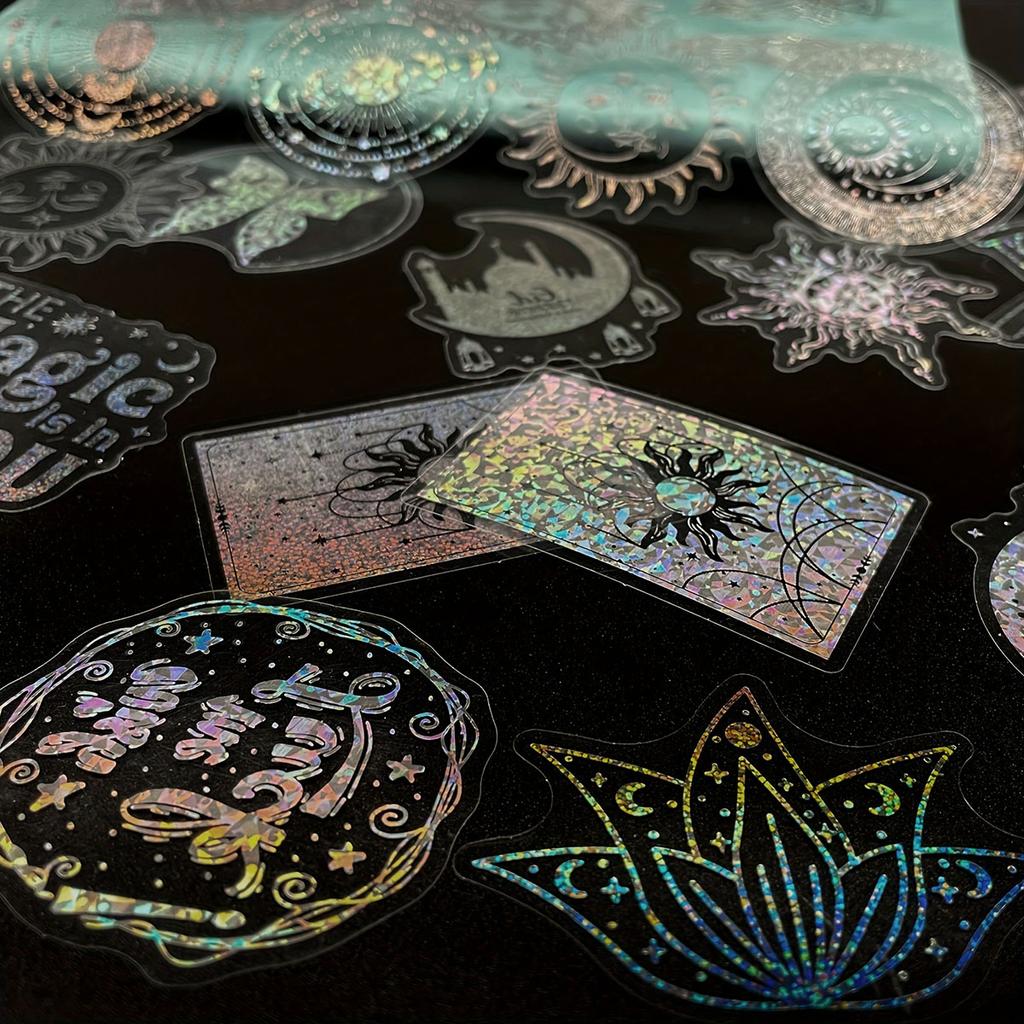 100pcs Laser Stickers Magic World PET Sticker Pack DIY Collage for Hand Account Decoration Scrapbook Labe