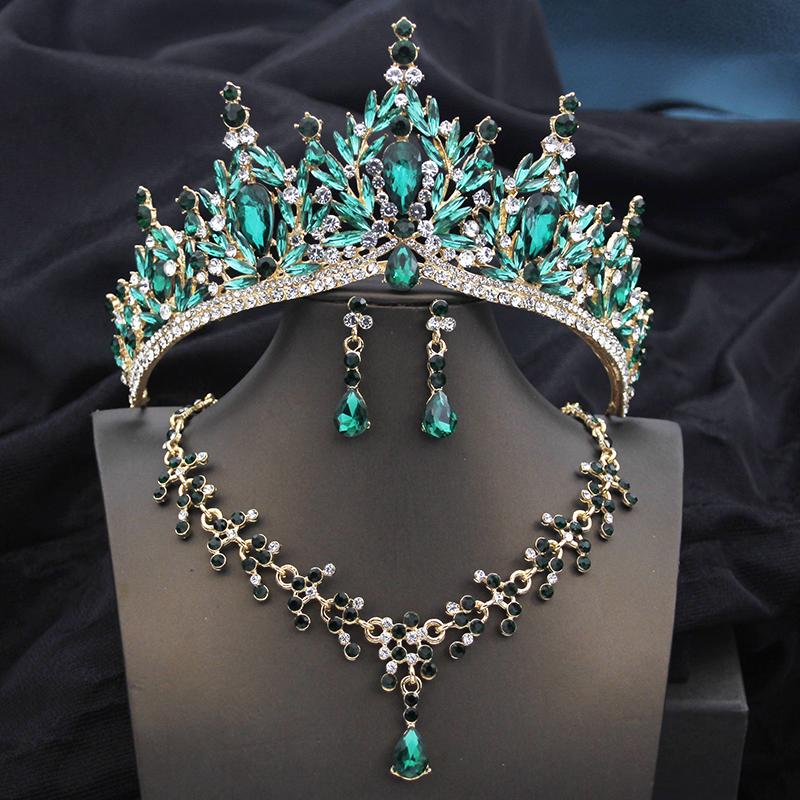 Queen Bridal Jewelry Sets for Women Pink Tiara Wedding Dress Crown With Necklace Earring Set Party Birthday Costume Accessories