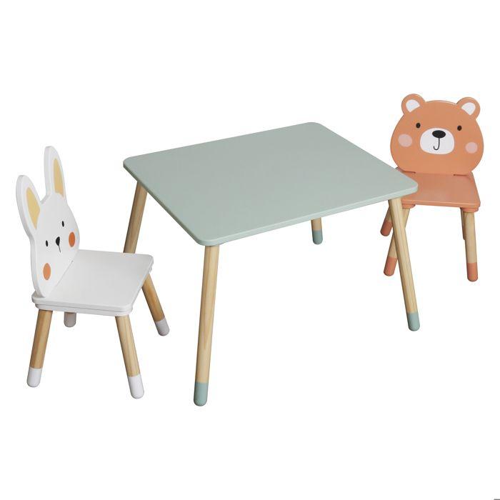 Table Enfant Bois avec 2 Chaises GINGER HOME Motif Ours et Lapin Ensemble Jeu et Apprentissage