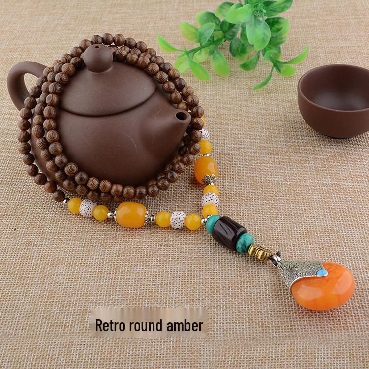 Retro Etniskt Hänge Halsband i Bomull och Lin med Träpärlor och Bodhi-berlock