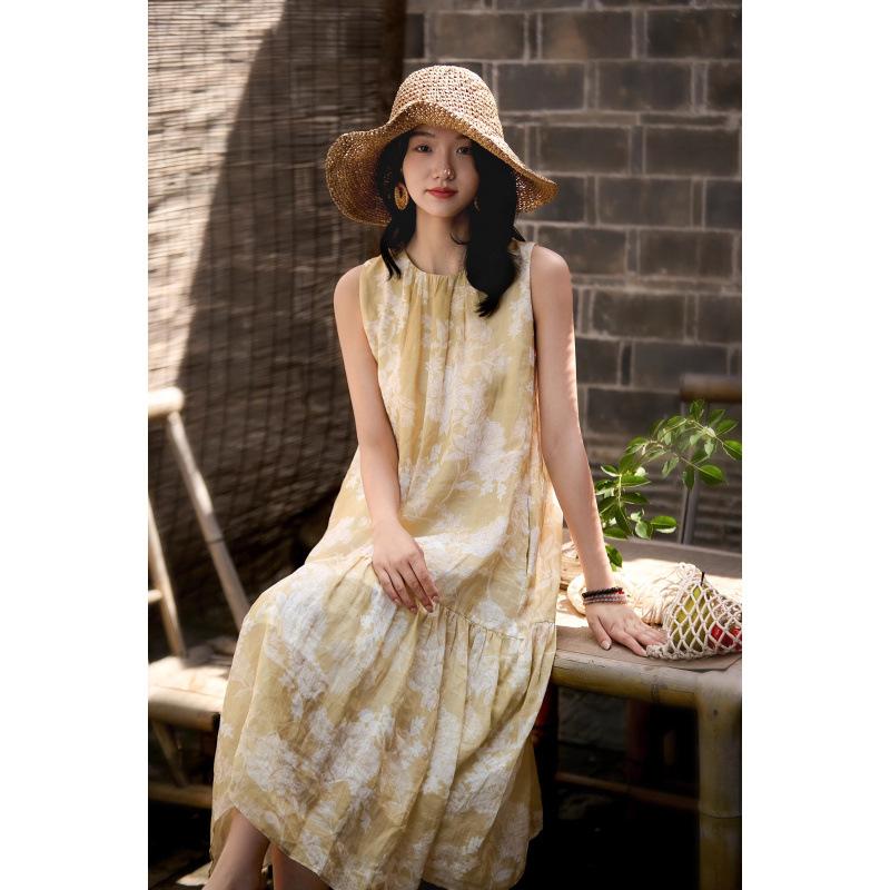 Japanese and Korean In-stock Seaside Vacation Dress ~ Jasmine Style Shallow Cool + Paper-cut Printed Sleeveless Dress Summer New Arrival