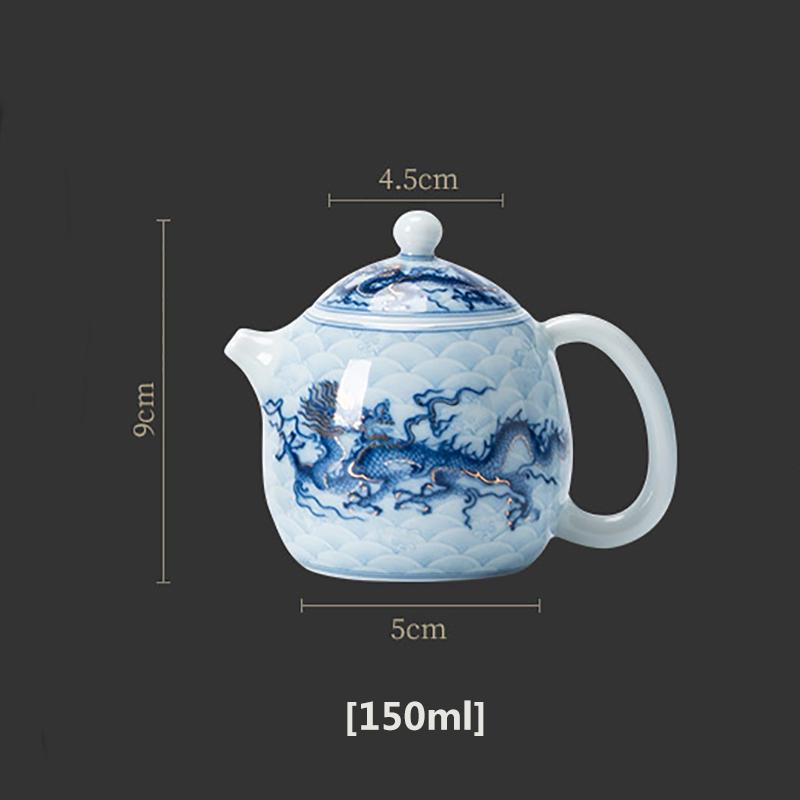 Metal Inlay Blue and White Dragon Teapot Single Ceramic Porcelain Chinese Kungfu Dragon Making Pot for Pu'er Tea