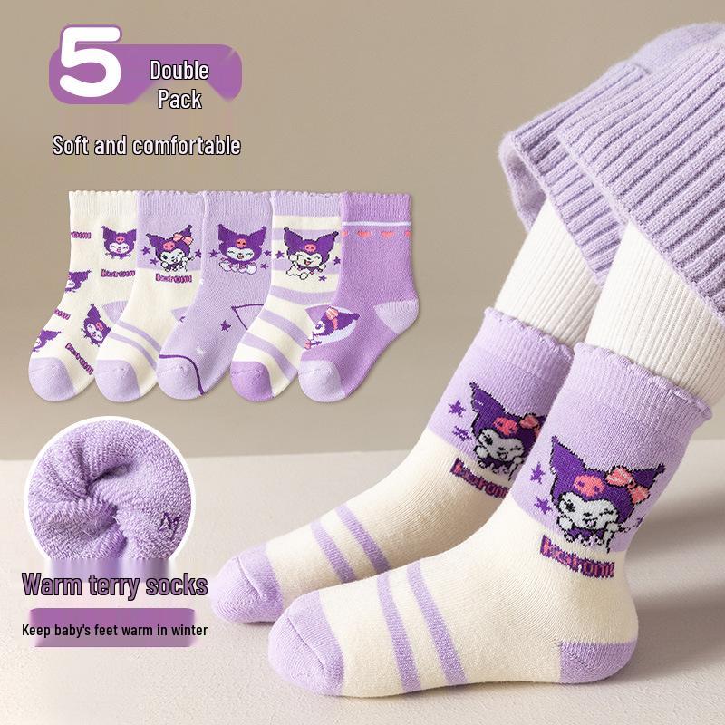 Kuromi Girls' Thick Winter Cotton Socks - Plus Velvet, Warm Terry for Autumn & Winter