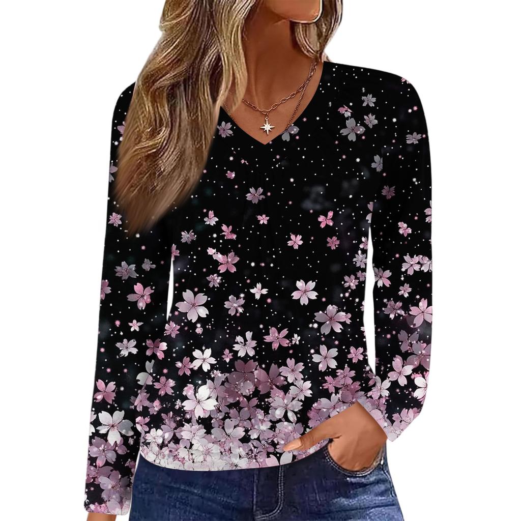 Women's Casual Fashion V-Neck Raglan Pleated Floral Print Long Sleeve Top