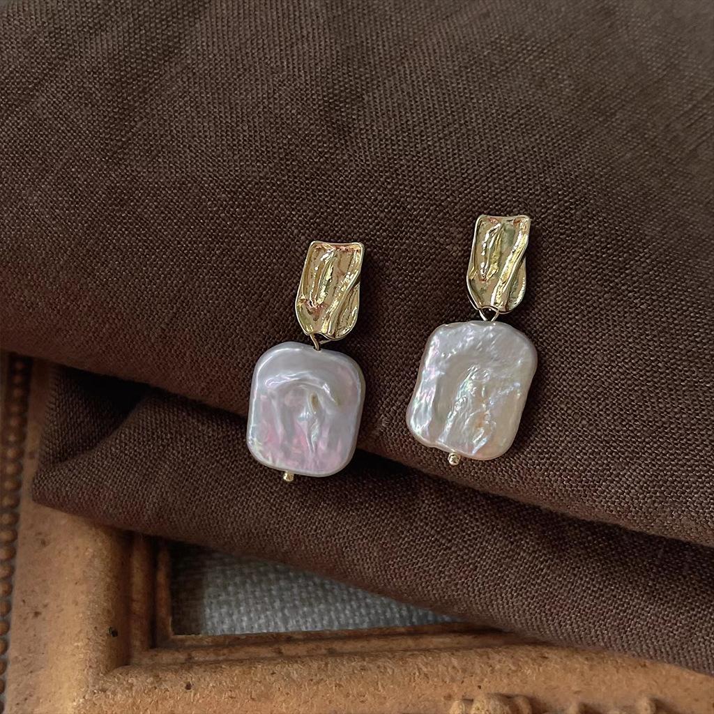 New Arrival Fashion Square Baroque Freshwater Pearl 14K Gold Filled Female Tassels Stud Earrings Original  For Women
