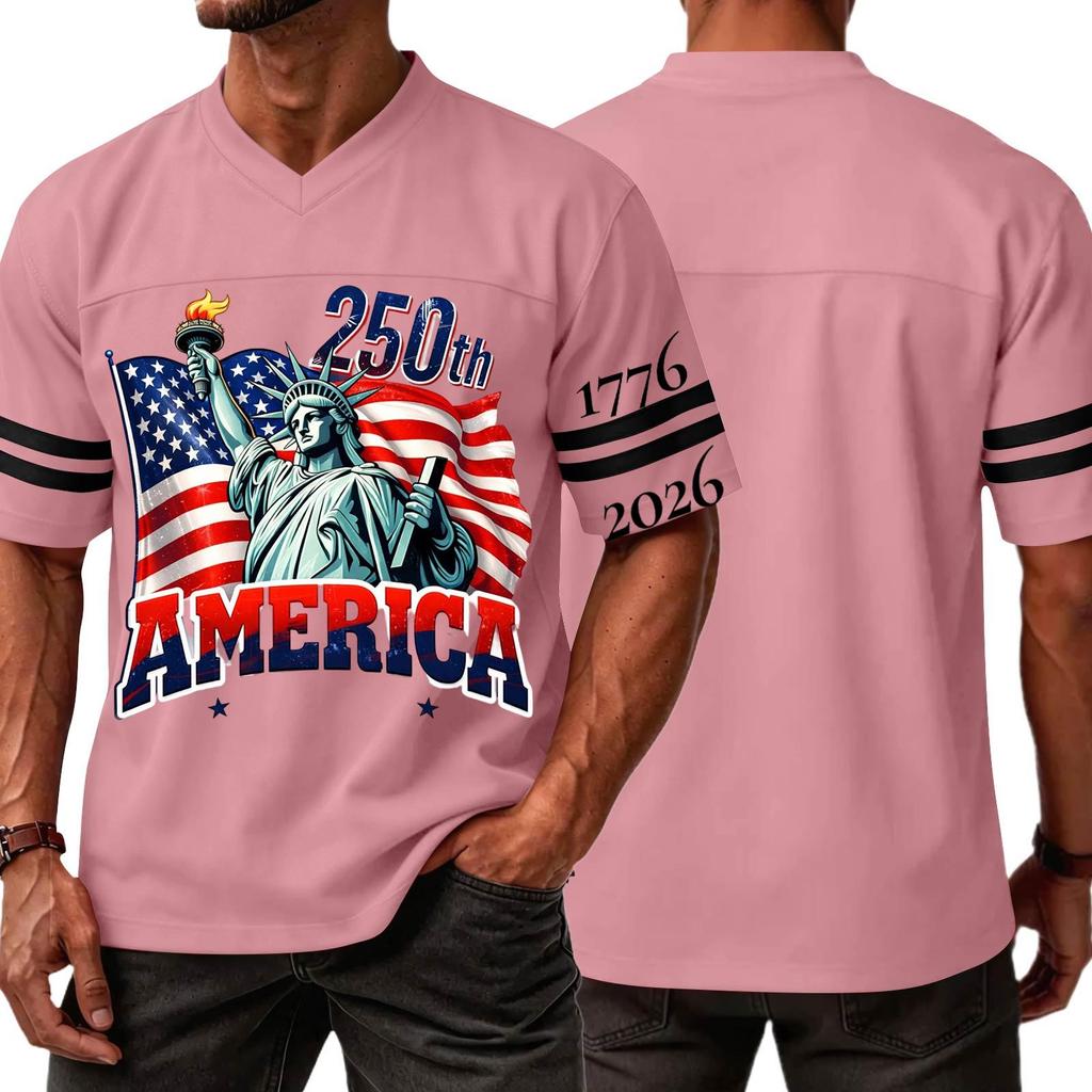 Men's Casual V Neck Jersey 250th America Independence Day Printed Short Sleeve Sports T Shirt Top with Lettering
