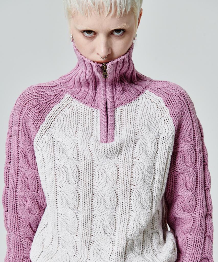 Leoninghai Color Block Turtleneck Zip-Up Knit Pullover [Pink]