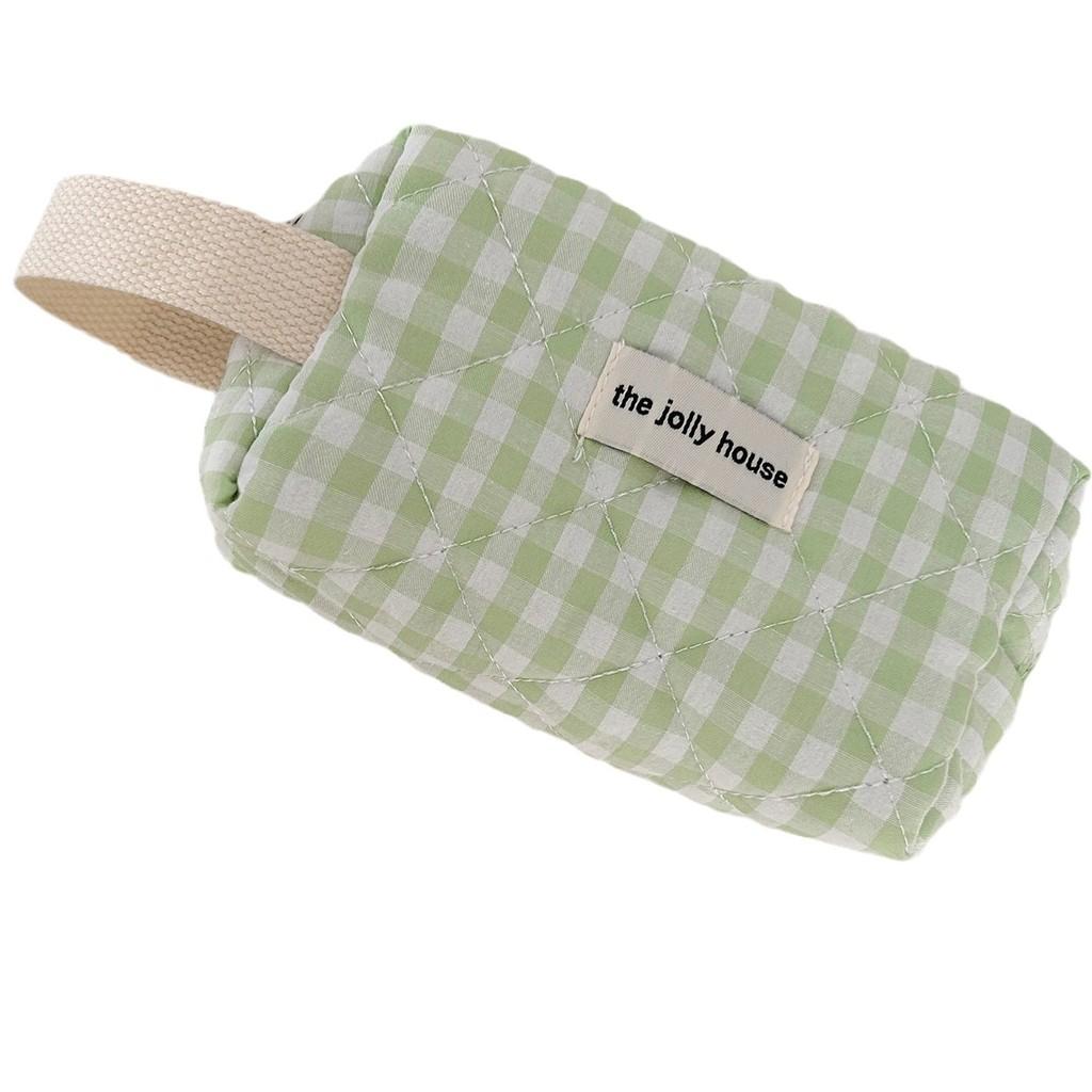 Pink And Green Plaid Makeup Bag With Breathable Polyester For Travel And Daily Use