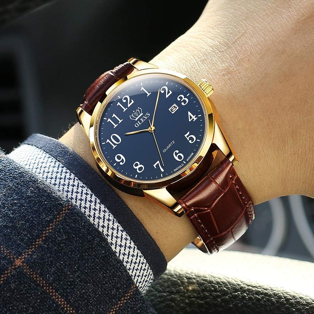 Men's Business Watch Arabic Numerals Leather Band Waterproof Calendar Display Luminous