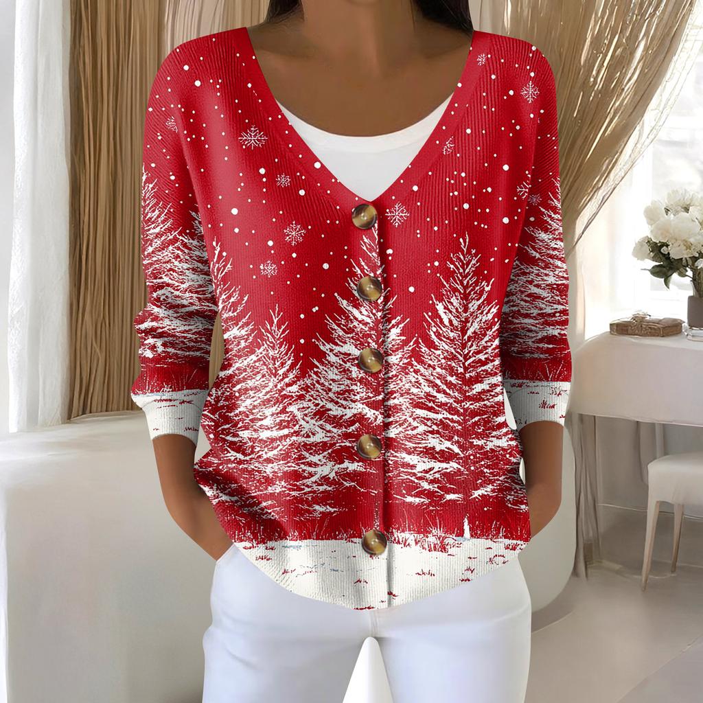 Damemote Langermet Christmas Snowman Snowflake Print Jakke Cardigan