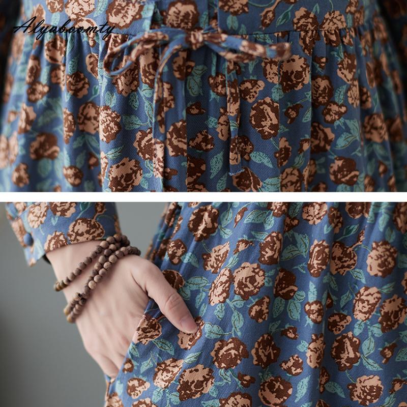 Korean Style Autumn Spring Women Midi A-Line Dress O Neck Floral Print Lace Up Dress Long Sleeve Elegant Ladies' Dress