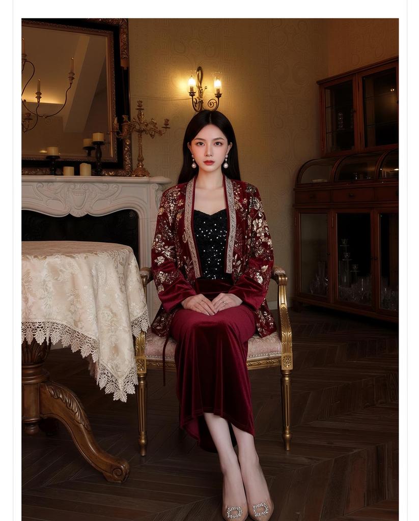 V-neck Embroidered Chinese Style Winter Down Jacket & Skirt Suit NY064