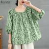 ZANZEA Women Casual Round Neck 3/4 Sleeve Loose Print Blouse