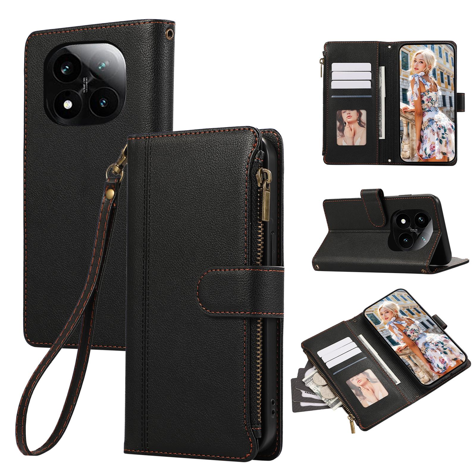 

For Xiaomi Redmi Note 14 Pro 4G Case Multi Card Slots Zipper Leather Phone Cover with Wrist Strap Black