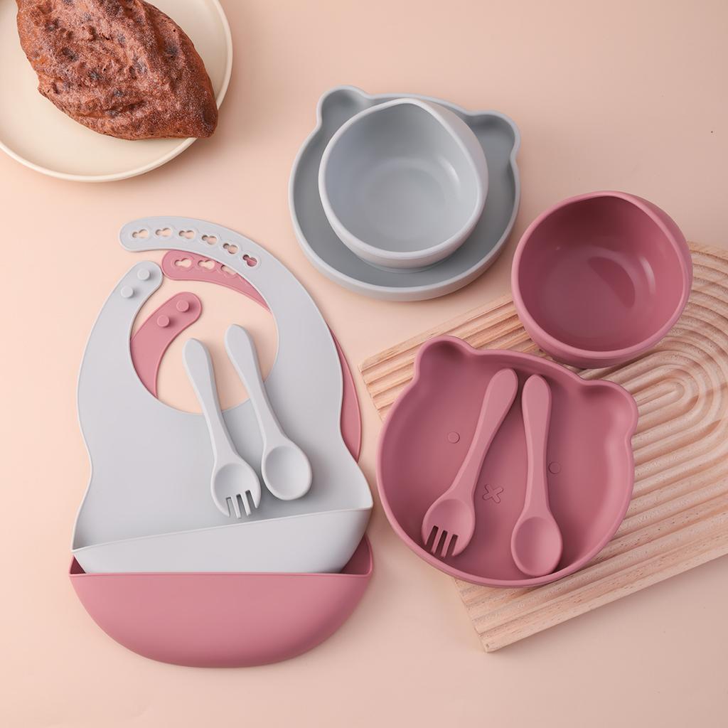 Color Kids 5PCS Food Grade Silicone Feeding Set Sucker Dishes Plate Self Feeding Bowl Sippy Cup BPA Free Toddler Meal Essentials