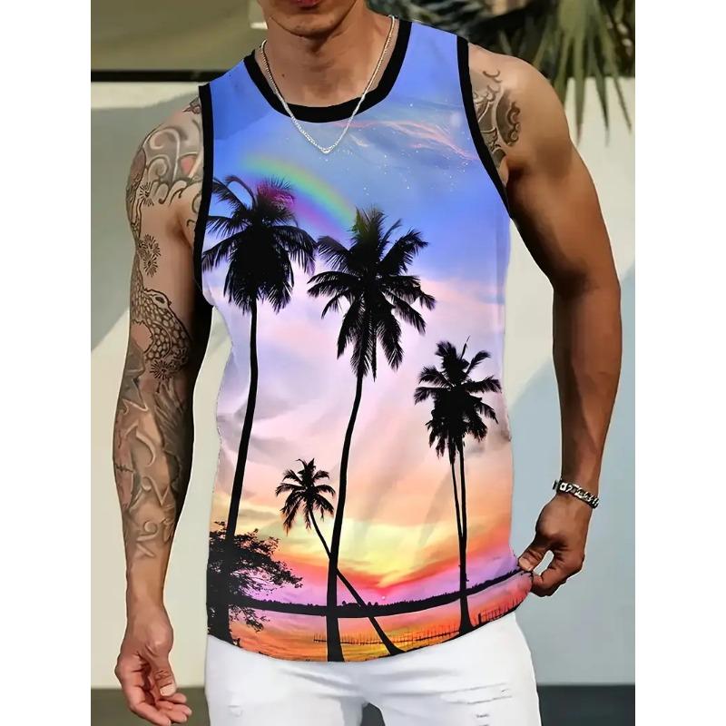Men's Summer Tropical Sunset Print Tank Top Casual Sleeveless Hawaii Beach Tshirt For Men New In Full Print T Shirts Streetwear