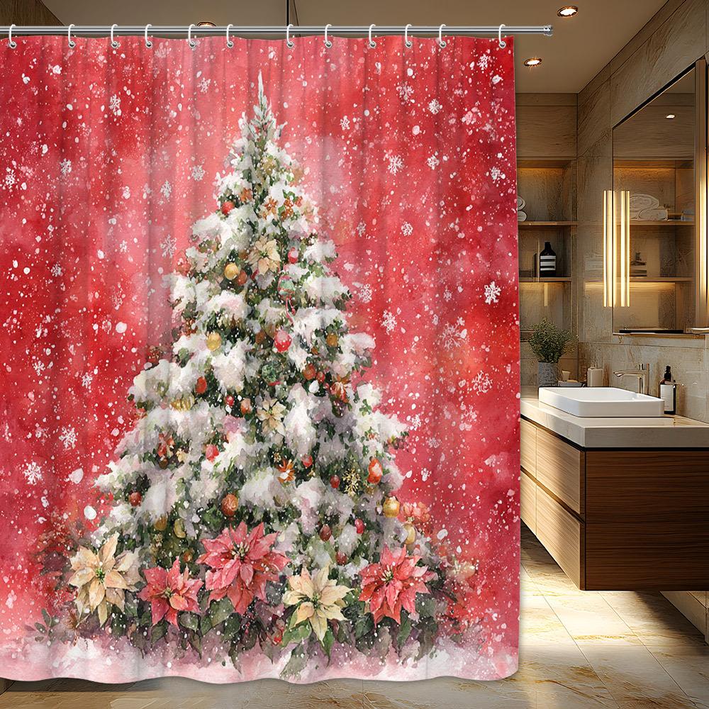 

Festive Christmas Tree Shower Curtain - Snowy Pine & Poinsettia, Red Background Holiday Bathroom Decor W60H190(CM)-1 Pcs