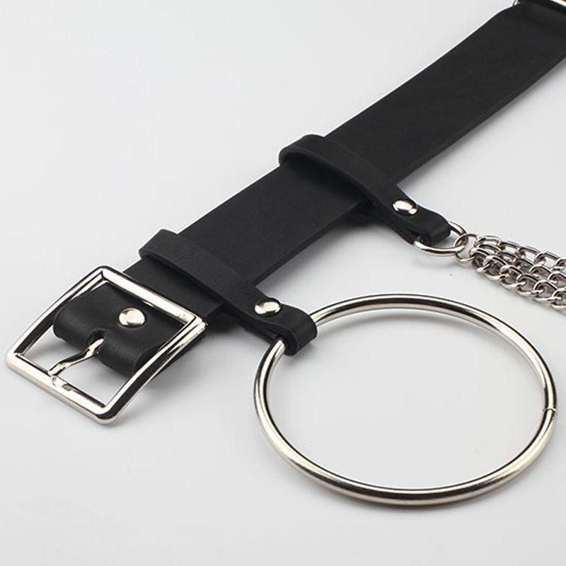 Versatile Minimalist Black Pu Buckle Belt With Chain And Ring For Adults Young