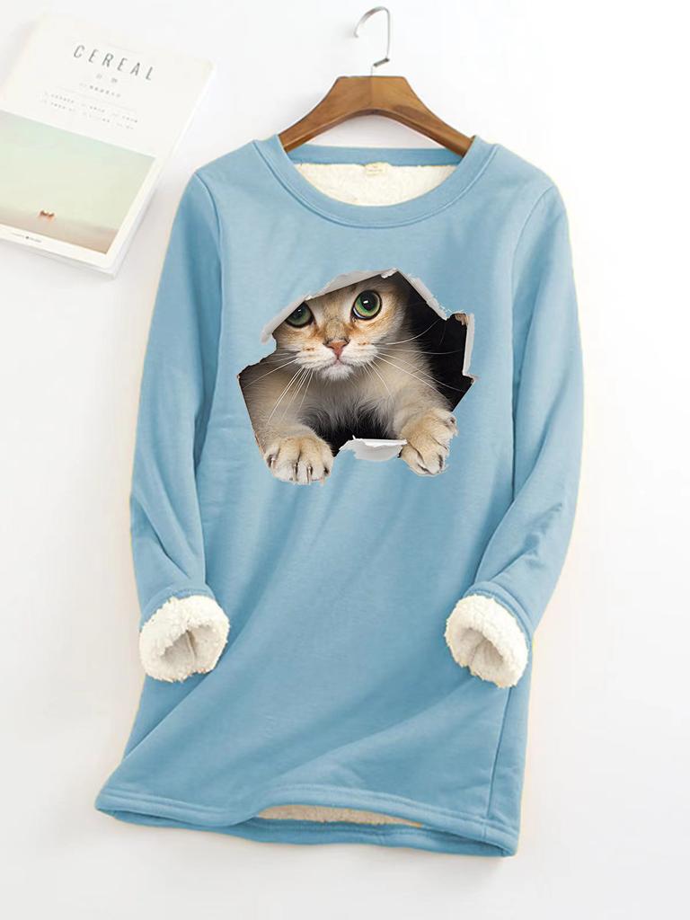 Autumn and Winter New Plus Size Fashionable Round Neck Pullover Cat Long Sleeved Plus Plush Thick Women's Bottoming Shirt Top