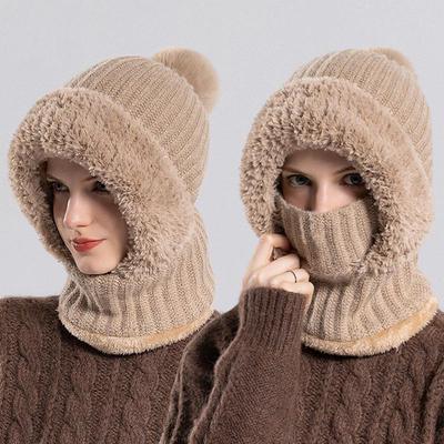 Women's Winter Knitted Hat Scarf Mask Combo - Windproof, Plus Velvet, Warm Wool for Cycling.