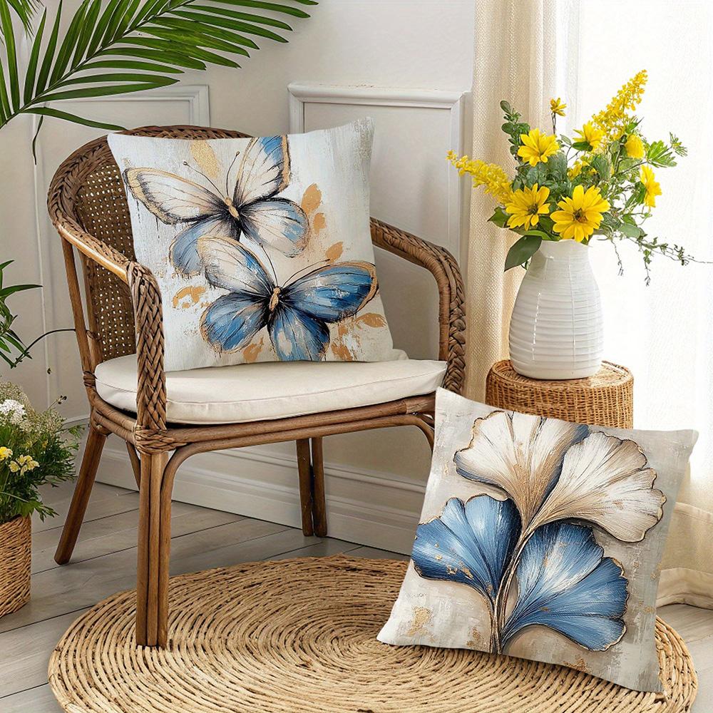 Four Exquisite Pillowcases with Blue and White Floral and Feather Art Prints Sofa cushion cover home room decoration