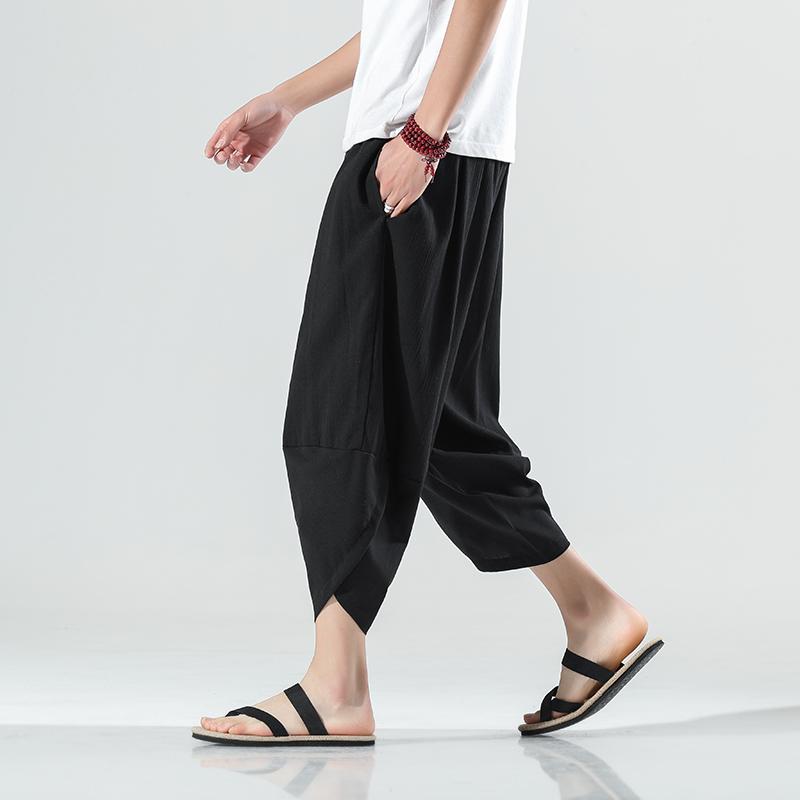 Chinese Style Summer Calf Length Casual Men's Pants Wide Leg Cotton Linen Harem Baggy Pants