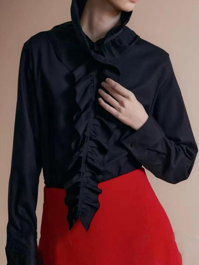 Elegant French-inspired Ruffled Stand-Collar Shirt: Detachable, Loose-Fit, Slimming, Mid-Length, Perfect for Commuting