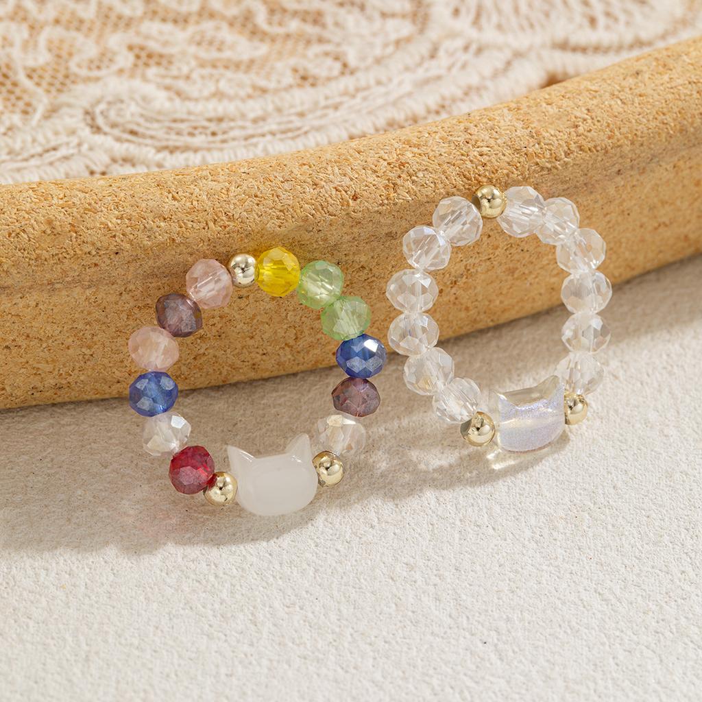 2-piece Two-Tone Cat Beaded Ring Set, Niche Sweet & Cool Style Stretch Rings, Adjustable Couple Rings for Best Friends