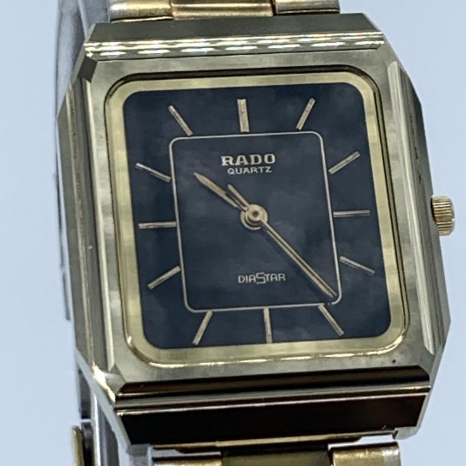 New Batteries Working Good RADO DIASTAR 110.9518.3 Quartz QZ Square Black and Blue Dial Gold Tone Stainless Steel 3-Hand Watch Cleaned