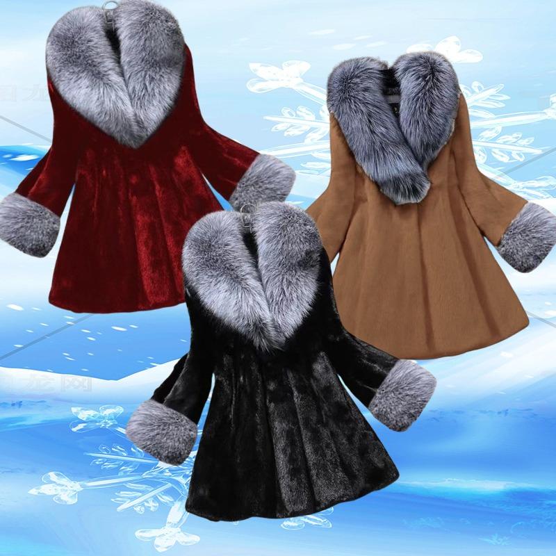 Office Lady Commute Coat Elegant Imitation Fur Hair Collar Splicing V Neck Nine-quarter Sleeves Warm FurJackets Coat For Women