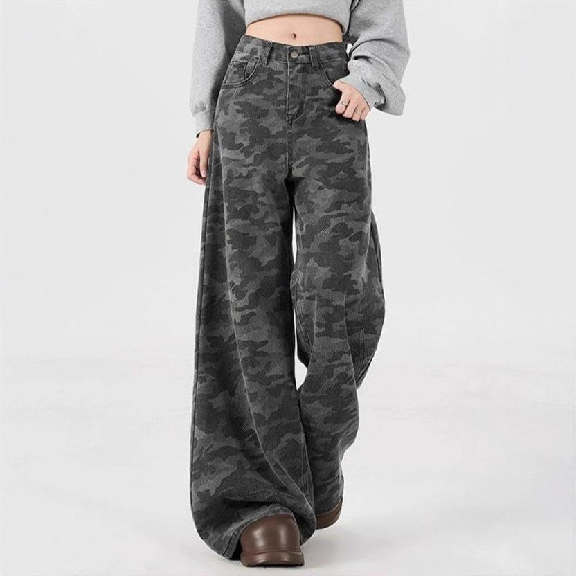 Camouflage Wide-legged Jeans Women's Spring and Autumn Large Size Hundred Yards Loose Drape Skinny Straight Trousers Jeans for Women Long Denim Pants