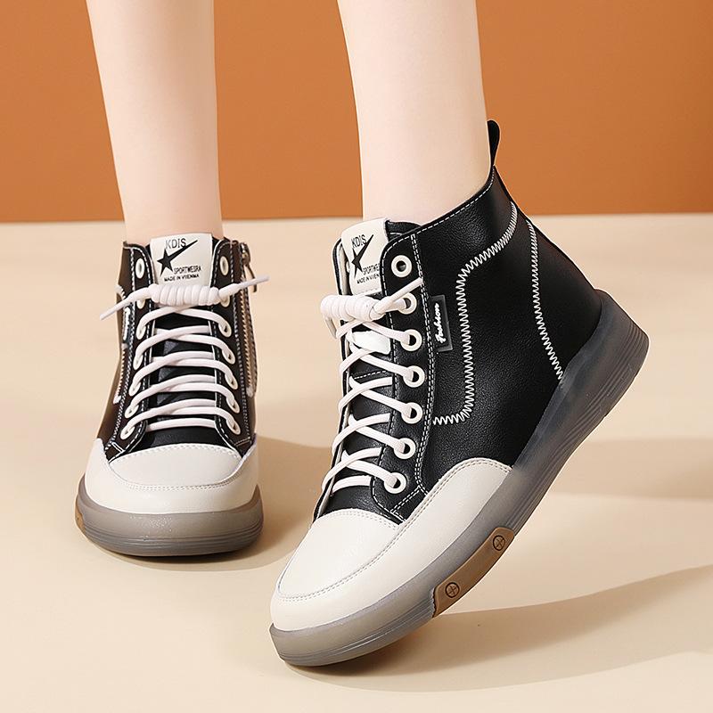 Spring new leather soft-soled flat-soled sports and leisure board shoes comfortable high-top beef tendon sole shoes