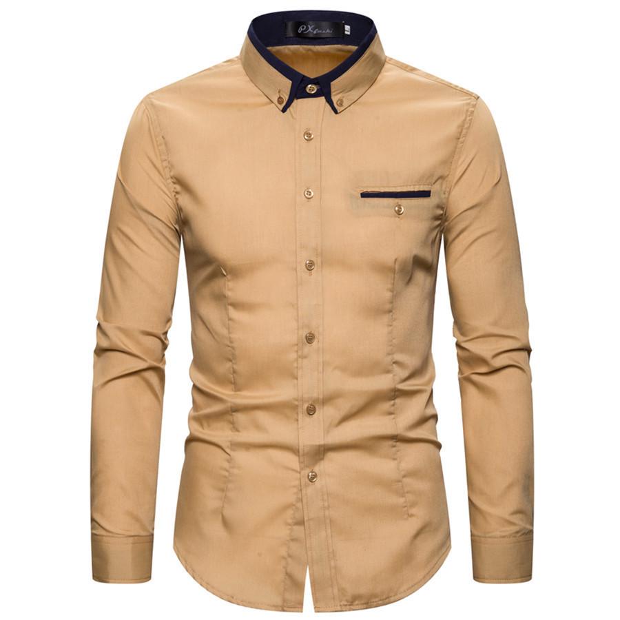 Men's Autumn Fashion Double Collar Solid Color Slim Fit Long Sleeve Shirt