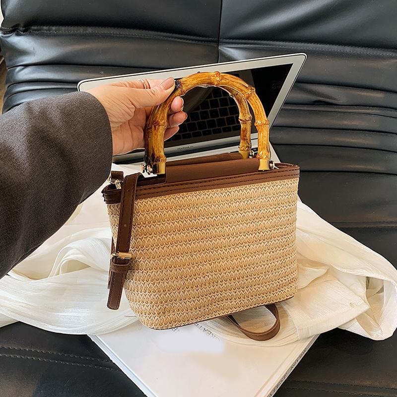 Weaving Bag Summer New Bamboo Handle Tote Straw Bag Niche Simple Shoulder Crossbody Bucket Bag Women's Bag AVE