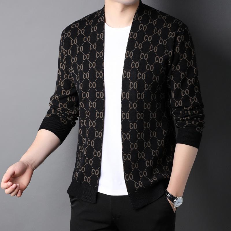 Осеннее вязаное пальто мужской кардиган в корейской версии тонкий свитер тонкий красивый — фото 3