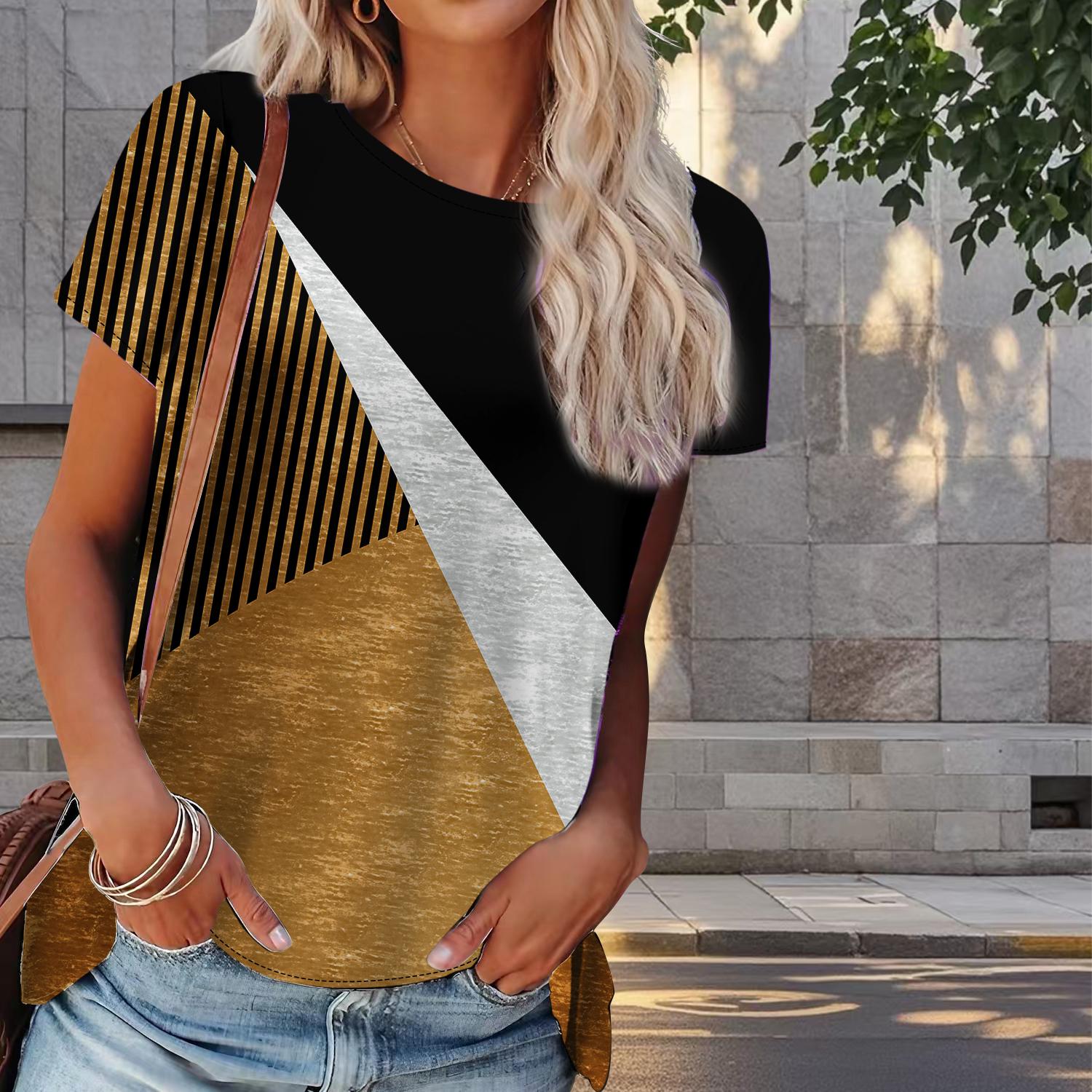 

Женская летняя футболка с геометрическим рисунком, ретро-мода, футболки с коротким рукавом, повседневные топы с принтом 8XL оранжевый